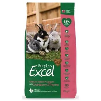 Burgess Excel Mature Rabbit Nuggets with Cranberry & Thyme, featuring three rabbits on grass, highlighting 92% natural ingredients.