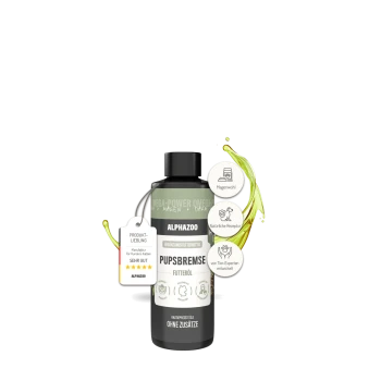 Flasche des Alphazoo Pupsbremse Haustierergänzungsöls mit Produktetiketten, die natürliche Rezeptur und fachkundige Entwicklung hervorheben.