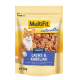 Pakowane przysmaki dla kotów z rysunkiem rudej kotki na przodzie, oznaczone 'Multifit naturelle' z 'Snacks Lachs & Kabeljau' w niebieskim.