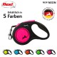 Eine pinke und schwarze ausziehbare Hundeleine mit einem Wabenmuster, beschriftet mit "NEON NEU", gezeigt mit vier anderen Farboptionen.