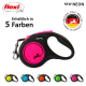 Eine pinke und schwarze ausziehbare Hundeleine mit einem Wabenmuster, beschriftet mit "NEON NEU", gezeigt mit vier anderen Farboptionen.