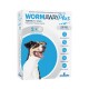 WormAway Plus dog dewormer box (pork flavour, 2×) with smiling dog; treats roundworms, tapeworms, hookworms, whipworms.