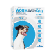 WormAway Plus dog dewormer box (pork flavour, 2×) with smiling dog; treats roundworms, tapeworms, hookworms, whipworms.