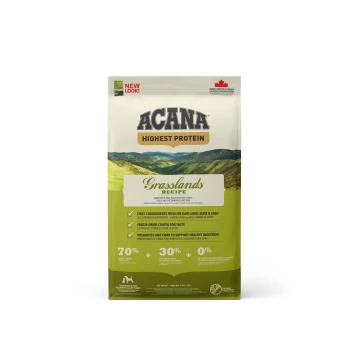 Grasslands 11.4 kg ACANA Grasslands Rezept Haustierfuttertüte mit dem Text "Höchstes Protein" und "Neues Aussehen!" mit einer malerischen Berglandschaft im Hintergrund.