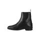 Schwarze Lederreitstiefel mit elastischen Seiteneinsätzen und einem Reißverschluss, mit einem Logo auf der Außenseite.