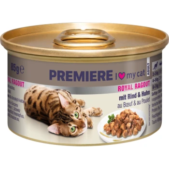 Katzenfutterdose mit einem goldenen Deckel, mit einer Bengal-Katze und beschriftet mit 'Premiere I ♥ my cat Adult Royal Ragout mit Rind & Huhn.'