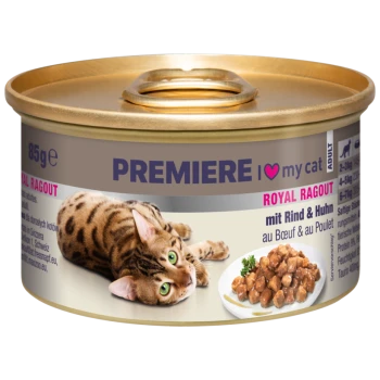 Katzenfutterdose mit einem goldenen Deckel, mit einer Bengal-Katze und beschriftet mit 'Premiere I ♥ my cat Adult Royal Ragout mit Rind & Huhn.'