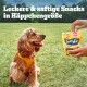 Ein goldener Cocker Spaniel in einem gelben Geschirr sitzt auf Gras und beobachtet eine Hand mit Pedigree Tasty Minis. Text: "Leckere & saftige Snacks."