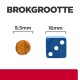 Afbeelding die de grootte van een stuk huisdiervoer (9,5 mm) vergelijkt met een blauwe dobbelsteen (16 mm), met de tekst "BROKGROOTTE" erboven.