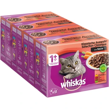 Whiskas Katzenfutterpackung mit einer grauen Katze auf der Vorderseite, beschriftet mit "Klassische Auswahl Sélection Classique in Sauce", enthält 12 Beutel.