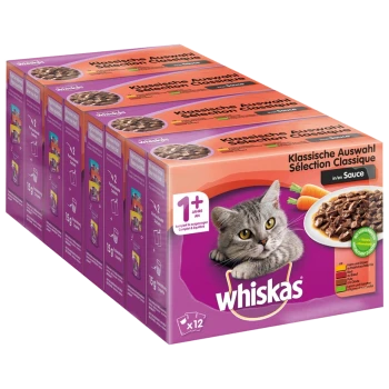 Whiskas Katzenfutterpackung mit einer grauen Katze auf der Vorderseite, beschriftet mit "Klassische Auswahl Sélection Classique in Sauce", enthält 12 Beutel.
