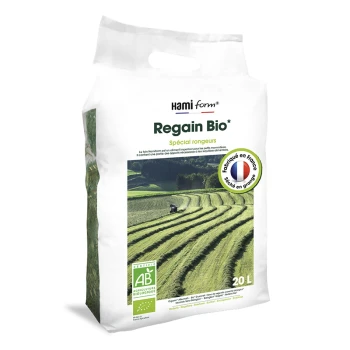 Sac blanc de Hami Form Regain Bio, un aliment biologique de 20L pour petits rongeurs, présentant une image de paysage vert et un texte en français.