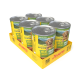 Pappschale mit sechs Josera Meat Lovers Hundefutterdosen mit Aufschrift 'Chicken with Potato' (400 g) und Welpenbild.