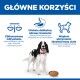 Polska reklama karmy dla zwierząt — nagłówek 'GŁÓWNE KORZYŚCI', trzy podpisy korzyści w języku polskim, czarno-biały pies stojący obok miski z suchą karmą