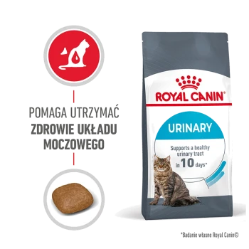 Torba z karmą dla kotów Royal Canin Urinary z wizerunkiem kota, z tekstem informującym, że wspiera zdrowy układ moczowy w ciągu 10 dni.