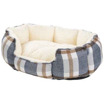 Panier pour animaux à carreaux avec intérieur en polaire douce couleur crème, étiqueté « Antone » sur le côté.