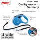 Blue flexi retractable dog leash with ergonomic grip, high-strength cord, and reflective components, labeled "Quality made in Germany."
