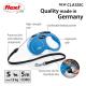 Blue flexi retractable dog leash with ergonomic grip, high-strength cord, and reflective components, labeled "Quality made in Germany."
