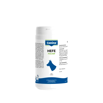 Weißes Canina-Glas mit der Aufschrift „HEFE PULVER“, blauer Hundesilhouette und dem Text „Für Hunde“, ein Nahrungsergänzungsmittelbehälter.