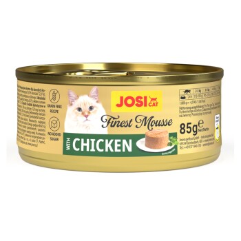 JosiCat Finest Mousse mit Huhn Katzenfutterdose, 85g, getreidefreie Rezeptur, ohne Zuckerzusatz, Serviervorschlag gezeigt.