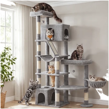 Grauer mehrstufiger Kratzbaum mit Höhle, Hängematte, Kratzstämmen und sechs Katzen in einem hellen Raum
