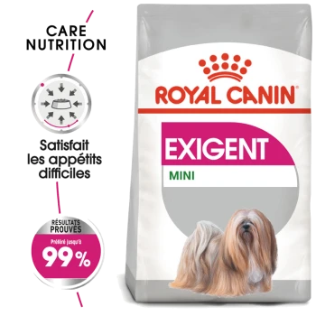 Sac de nourriture pour chien Royal Canin Exigent Mini avec une illustration de petit chien et le texte : "Care Nutrition" et "Satisfait les appétits difficiles."