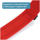 Roter Haustiergeschirrriemen mit gepolsterter Innenseite für Komfort, mit einem Textfeld, das besagt: 'Gepolsterte Innenseite bietet erstklassigen Tragekomfort.'