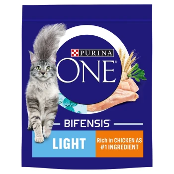 Purina ONE Bifensis Light cat food bag featuring a fluffy gray cat, with text stating "Rich in Chicken as #1 Ingredient."