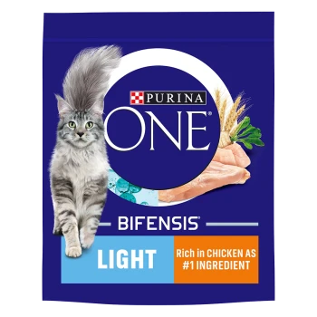 Purina ONE Bifensis Light cat food bag featuring a fluffy gray cat, with text stating "Rich in Chicken as #1 Ingredient."