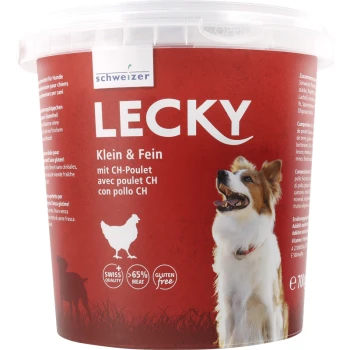 Klein & fein Geflügel 700 g Roter Behälter mit Hundefutter, gekennzeichnet mit "LECKY Klein & Fein," mit einem glücklichen Hund, und Text, der 65% Fleisch, glutenfrei und Schweizer Qualität angibt.