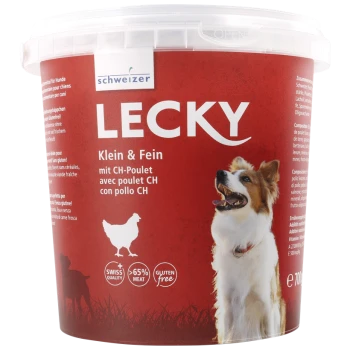 Roter Behälter mit Hundefutter, gekennzeichnet mit "LECKY Klein & Fein," mit einem glücklichen Hund, und Text, der 65% Fleisch, glutenfrei und Schweizer Qualität angibt.