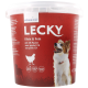 Conteneur rouge de nourriture pour chien étiqueté "LECKY Klein & Fein" avec un chien heureux, avec un texte indiquant 65% de viande, sans gluten, et qualité suisse.