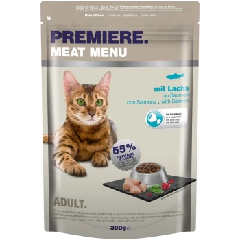 Katzenfutterverpackung mit einer Bengal-Katze, gekennzeichnet 'Premiere Meat Menu' mit Lachs, 55% Geflügel & Lachs, 300g, für erwachsene Katzen.
