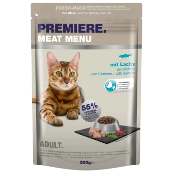 Katzenfutterverpackung mit einer Bengal-Katze, gekennzeichnet 'Premiere Meat Menu' mit Lachs, 55% Geflügel & Lachs, 300g, für erwachsene Katzen.