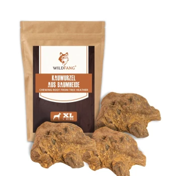 Wildfang-Kauwurzel von Baumheide in einer braunen Tüte, mit drei großen, strukturierten Wurzeln vorne, beschriftet "XL > 45 KG."