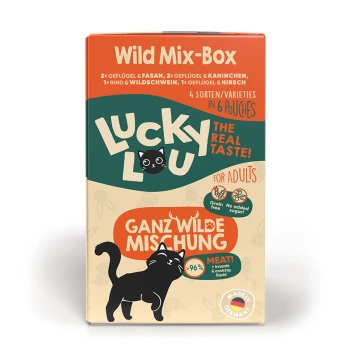 Nassfutter Katze Adult Wild Mix-Box 6x125 g Lucky Lou's Wild Mix-Box Katzenfutter mit einem schwarzen Katzenlogo, bietet 4 getreidefreie Sorten in 6 Beuteln, 96% Fleisch, ohne Zuckerzusatz.