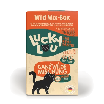 Karma dla kotów Lucky Lou's Wild Mix-Box z logo czarnego kota, oferująca 4 rodzaje bezziarniste w 6 saszetkach, 96% mięsa, bez dodatku cukru.