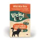 La nourriture pour chats Lucky Lou's Wild Mix-Box présente un logo de chat noir, propose 4 variétés sans céréales dans 6 sachets, 96 % de viande, sans sucre ajouté.