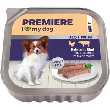 Futterschalen-Etikett mit Papillon-Hund und Teller mit Pastete; Text: "PREMIERE I ♥ my dog", "BEST MEAT", "Huhn mit Rind", "PASTETE".