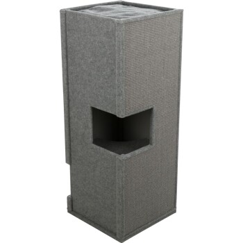 Grauer Filz-Katzenbaum mit einer gemütlichen Oberseite und einem ausgeschnittenen Eingang vorne für einfachen Zugang.