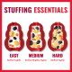 Three red dog toys showing stuffing levels: EASY (light), MEDIUM (medium), HARD (tight), header 'STUFFING ESSENTIALS'