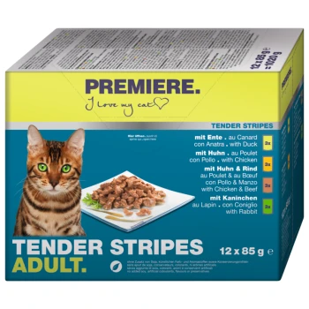 Tender Stripes Adult Multipack 12x85g Verpackung für Katzenfutter mit einer Bengal-Katze, beschriftet mit "Premiere. Ich liebe meine Katze," mit "Zarte Streifen" und Geschmacksrichtungen: Ente, Huhn, Rind, Kaninchen.