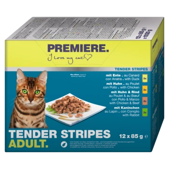 Hondenvoer verpakking met een Bengaalse kat, gelabeld 'Premiere. Ik hou van mijn kat,' met 'Tender Stripes' en smaken: Eend, Kip, Rundvlees, Konijn.