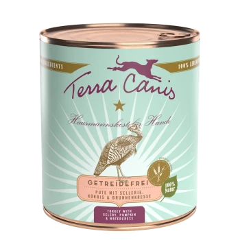 Dosenfutter für Hunde von Terra Canis, beschriftet mit "Getreidefrei," das Truthahn mit Sellerie, Kürbis und Brunnenkresse enthält.