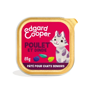 Pochette de nourriture pour chat Edgard Cooper présentant une illustration ludique d'un chat, étiquetée "Poulet et Dinde", 85g, pour chats seniors.