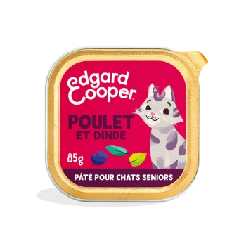 Pochette de nourriture pour chat Edgard Cooper présentant une illustration ludique d'un chat, étiquetée "Poulet et Dinde", 85g, pour chats seniors.