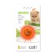 Verpackung des Catit Senses Fireball Katzenspielzeugs, die ein Kätzchen und eine leuchtend orange Kugel mit der Aufschrift 'catit' zeigt, Text 'SENSES.'