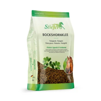 Stiefel Bockshornklee-Beutel mit Samen, Kleeblättern und Pferdefoto, grüne Verpackung, unterstützt den Appetit.
