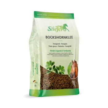 Stiefel Bockshornklee-Beutel mit Samen, Kleeblättern und Pferdefoto, grüne Verpackung, unterstützt den Appetit.
