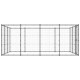 Ein großes, schwarzes Metallhaustiergehege mit einem Tor, das ein Gitterdesign und mehrere Paneele für sichere Unterbringung aufweist.